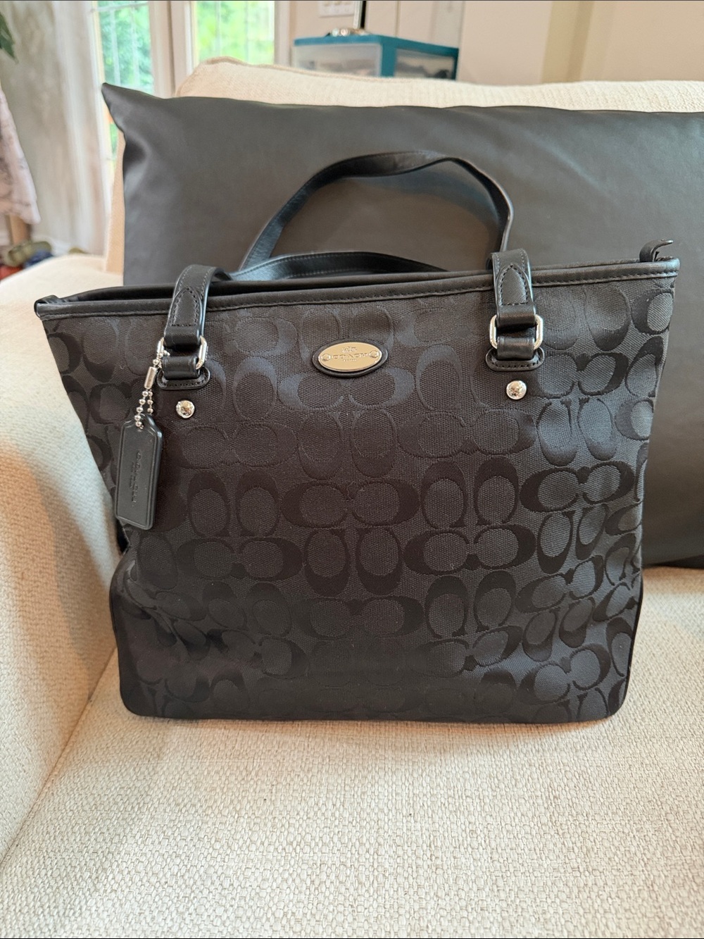 Coach Black Signature Jacquard Shoulder Tote with Silver Hardware